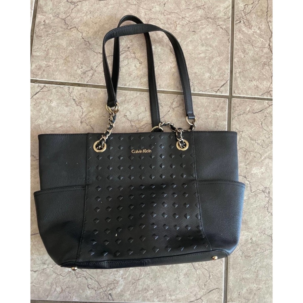 Calvin Klein Florence Tote Bag Black Nylon Gold Chain Handbag Purse